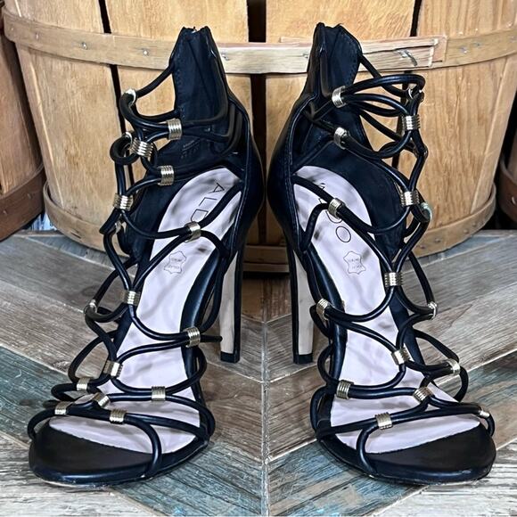 Aldo Peterbell Black Leather Gold Strappy Gladiator Open Toe Heels Womens 6.5 - Picture 9 of 14